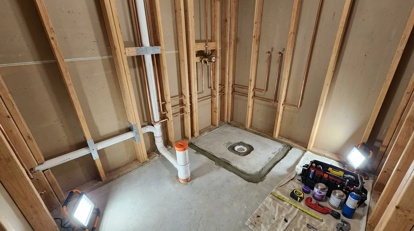 Bathroom rough-in plumbing during remodel by Johns Plumbing LLC in Pickens