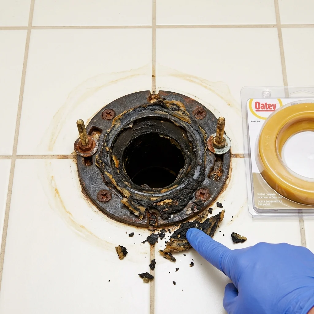 Failed wax ring showing water seepage at the base of a toilet in a Pickens, SC home